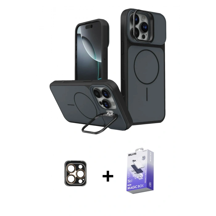 MARSİLYAN™- iPhone 16 Pro Max Kılıf İz Modern Prime - Siyah Bilvis 5in1 5D Magic Hayalet Cam Ekran Koruyucu + PVD Metal Kamera Lens - GD