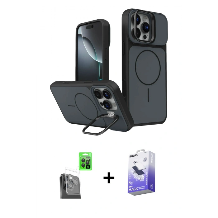 MARSİLYAN™- iPhone 16 Pro Max Kılıf İz Modern Prime - Siyah Bilvis 5in1 5D Magic Hayalet Cam Ekran Koruyucu + Raze Metal Kamera Lens - SH