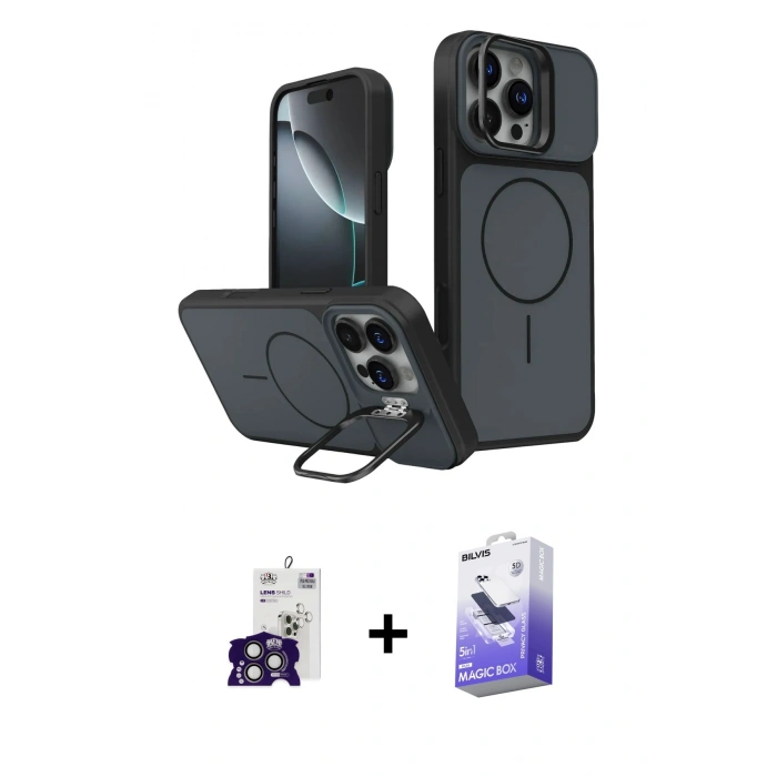 MARSİLYAN™- iPhone 16 Pro Max Kılıf İz Modern Prime - Siyah Bilvis 5in1 5D Magic Hayalet Cam Ekran Koruyucu + Bilvis Titan Kamera Lens - TMGI
