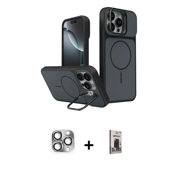 MARSİLYAN™- iPhone 16 Pro Max Kılıf İz Modern Prime - Siyah Bilvis Hayalet Cam Ekran Koruyucu + Pers Alüminyum Kamera Lens - GI