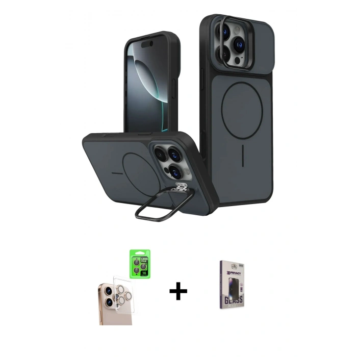 MARSİLYAN™- iPhone 16 Pro Max Kılıf İz Modern Prime - Siyah Bilvis Hayalet Cam Ekran Koruyucu + Raze Metal Kamera Lens - NLGY