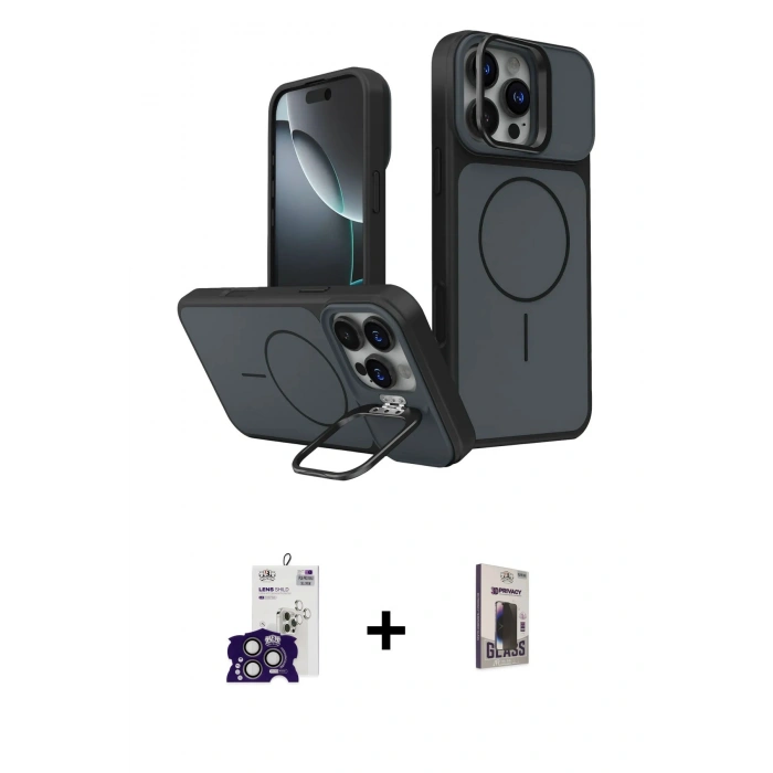 MARSİLYAN™- iPhone 16 Pro Max Kılıf İz Modern Prime - Siyah Bilvis Hayalet Cam Ekran Koruyucu + Bilvis Titan Kamera Lens - TMGI