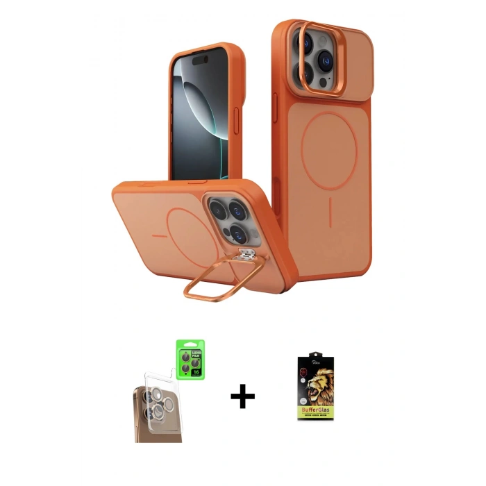 MARSİLYAN™- iPhone 16 Pro Max Kılıf İz Modern Prime - Siyah Buffer Cam Ekran Koruyucu + Çöl Titanyum Raze Metal Kamera Lens