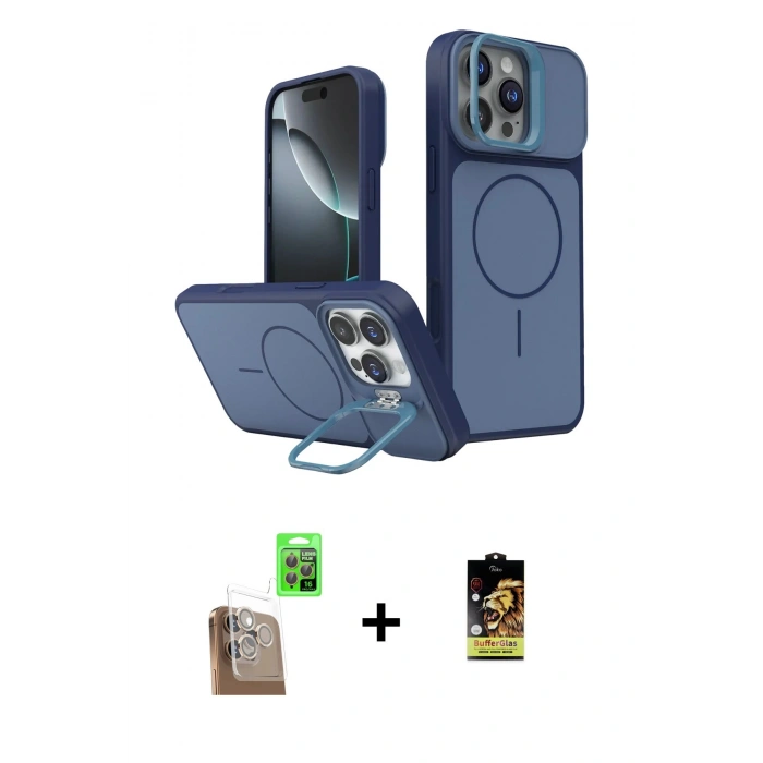 MARSİLYAN™- iPhone 16 Pro Max Kılıf İz Modern Prime - Siyah Buffer Cam Ekran Koruyucu + Çöl Titanyum Raze Metal Kamera Lens