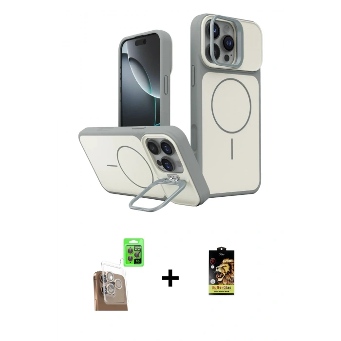 MARSİLYAN™- iPhone 16 Pro Max Kılıf İz Modern Prime - Siyah Buffer Cam Ekran Koruyucu + Çöl Titanyum Raze Metal Kamera Lens