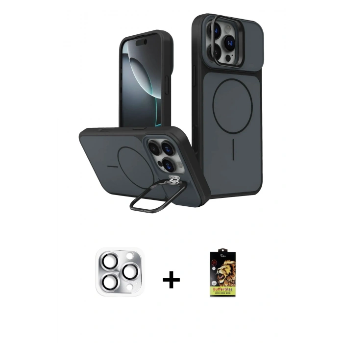MARSİLYAN™- iPhone 16 Pro Max Kılıf İz Modern Prime - Siyah Buffer Cam Ekran Koruyucu + Pers Alüminyum Kamera Lens - GS
