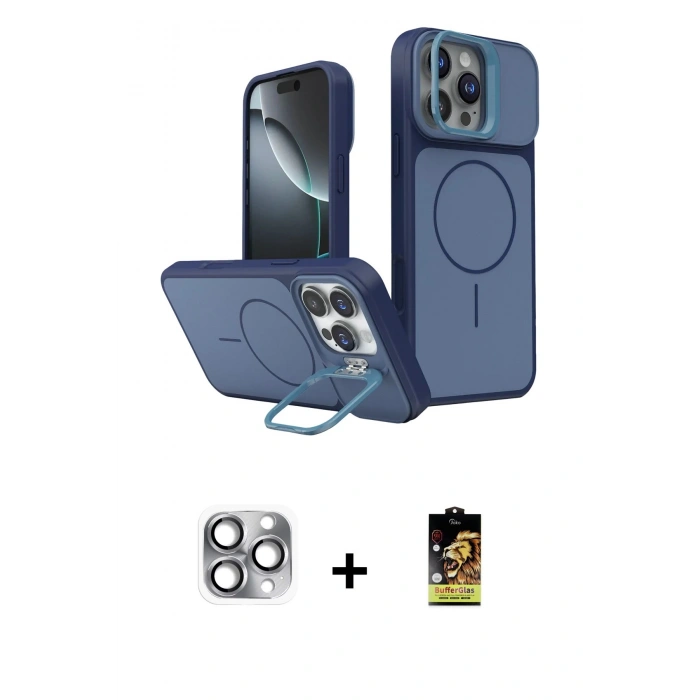 MARSİLYAN™- iPhone 16 Pro Max Kılıf İz Modern Prime - Siyah Buffer Cam Ekran Koruyucu + Pers Alüminyum Kamera Lens - GI