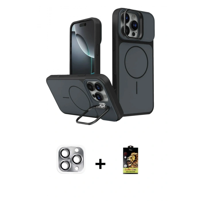 MARSİLYAN™- iPhone 16 Pro Max Kılıf İz Modern Prime - Siyah Buffer Cam Ekran Koruyucu + Pers Alüminyum Kamera Lens - GI