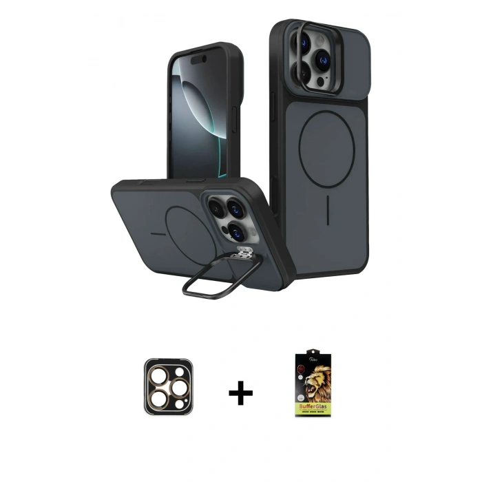 MARSİLYAN™- iPhone 16 Pro Max Kılıf İz Modern Prime - Siyah Buffer Cam Ekran Koruyucu + PVD Metal Kamera Lens - GD