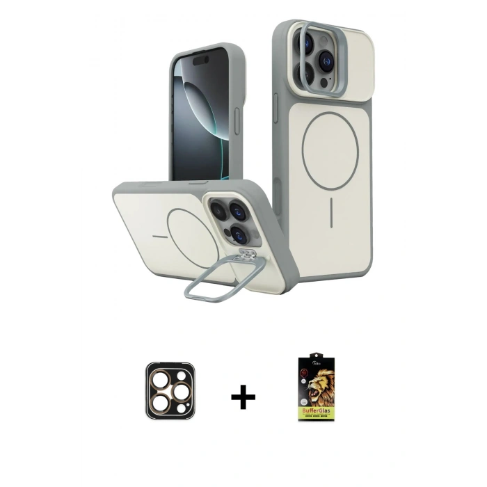 MARSİLYAN™- iPhone 16 Pro Max Kılıf İz Modern Prime - Siyah Buffer Cam Ekran Koruyucu + PVD Metal Kamera Lens - GD