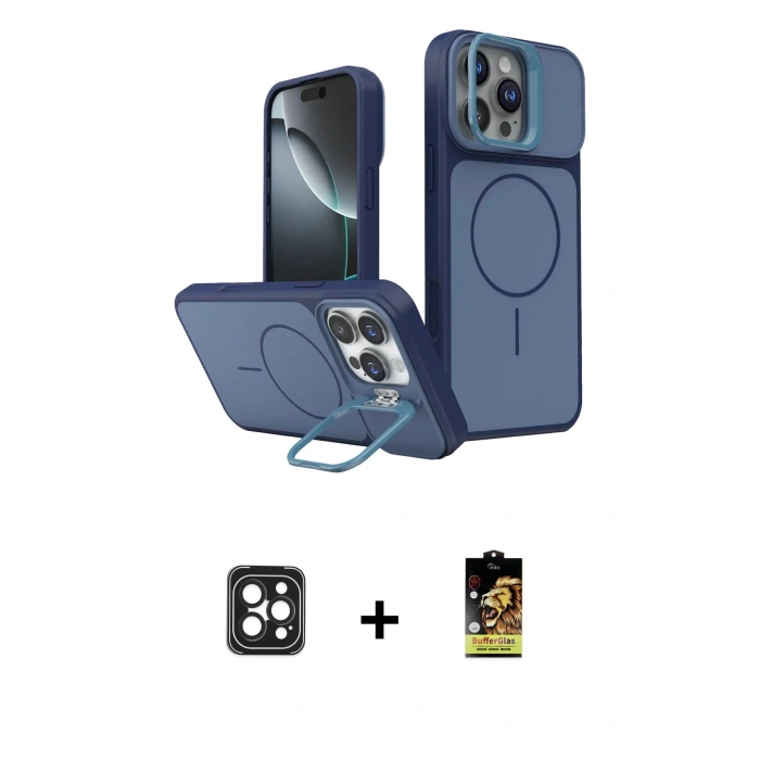 MARSİLYAN™- iPhone 16 Pro Max Kılıf İz Modern Prime - Siyah Buffer Cam Ekran Koruyucu + PVD Metal Kamera Lens - SH