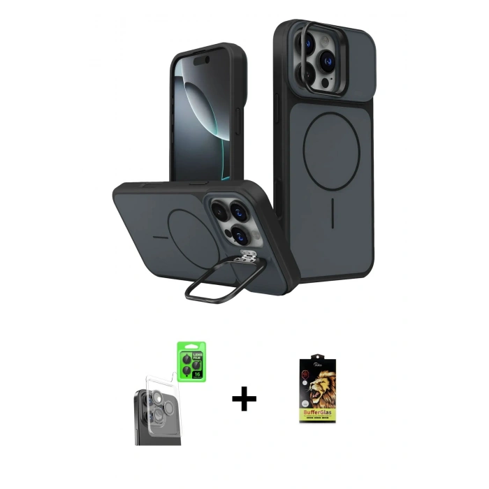 MARSİLYAN™- iPhone 16 Pro Max Kılıf İz Modern Prime - Siyah Buffer Cam Ekran Koruyucu + Raze Metal Kamera Lens - SH