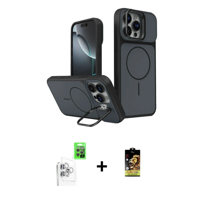 MARSİLYAN™- iPhone 16 Pro Max Kılıf İz Modern Prime - Siyah Buffer Cam Ekran Koruyucu + Raze Metal Kamera Lens - BZ