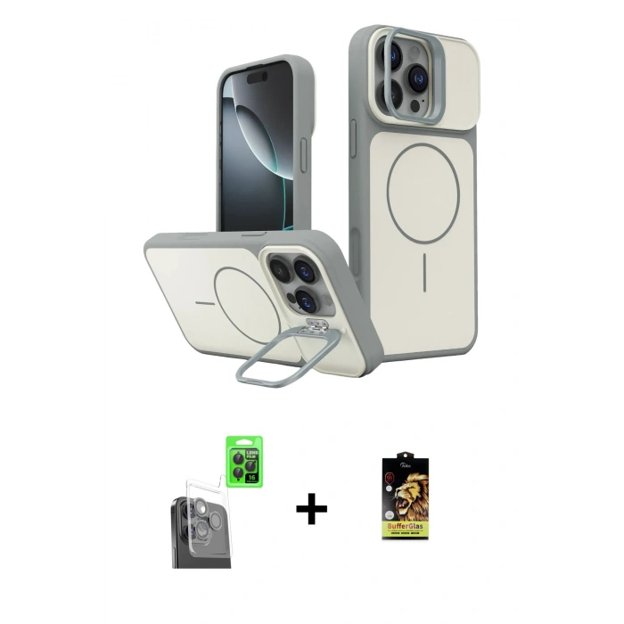 MARSİLYAN™- iPhone 16 Pro Max Kılıf İz Modern Prime - Siyah Buffer Cam Ekran Koruyucu + Raze Metal Kamera Lens - SH