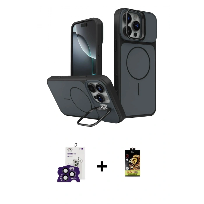 MARSİLYAN™- iPhone 16 Pro Max Kılıf İz Modern Prime - Siyah Buffer Cam Ekran Koruyucu + Bilvis Titan Kamera Lens - SH