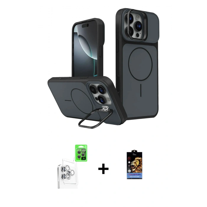 MARSİLYAN™- iPhone 16 Pro Max Kılıf İz Modern Prime - Siyah Buffer Hayalet Cam Ekran Koruyucu + Raze Metal Kamera Lens - BZ