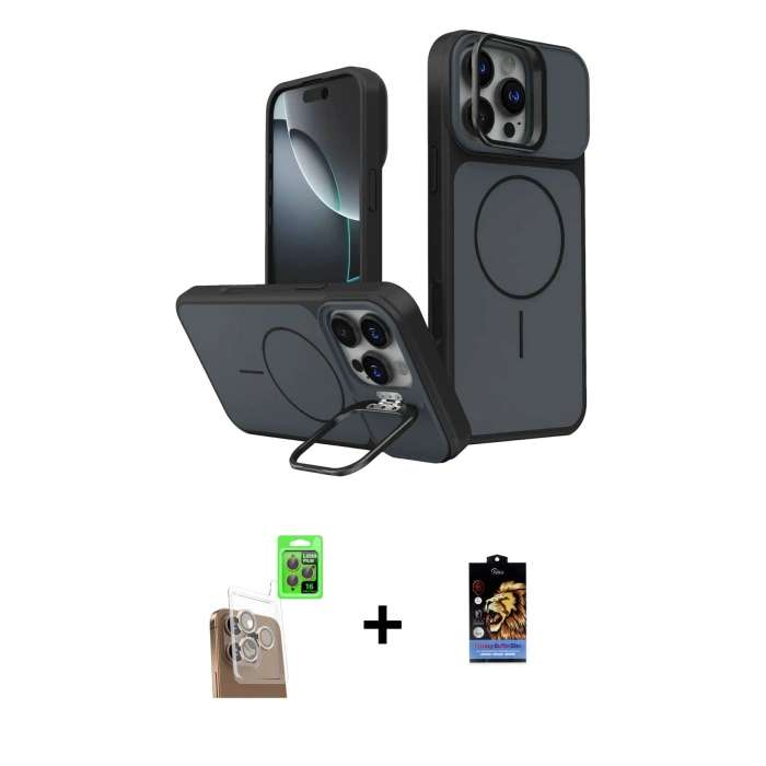 MARSİLYAN™- iPhone 16 Pro Max Kılıf İz Modern Prime - Siyah Buffer Hayalet Cam Ekran Koruyucu + Raze Metal Kamera Lens - CLTM