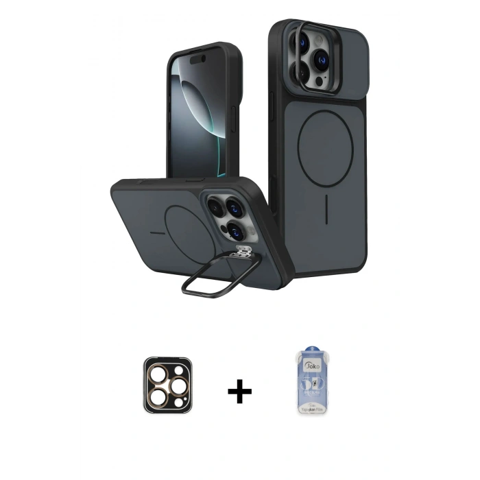 MARSİLYAN™- iPhone 16 Pro Max Kılıf İz Modern Prime - Siyah Joko Magic 5D Cam + PVD Metal Kamera Lens - GD