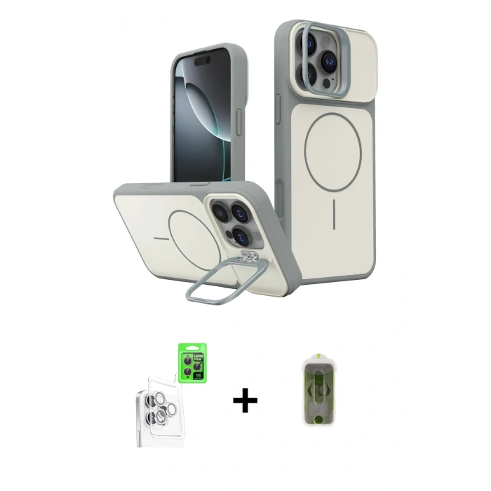 MARSİLYAN™- iPhone 16 Pro Max Kılıf İz Modern Prime - Siyah Joko Magic 5D Hayalet Cam + Beyaz Raze Metal Kamera Lens