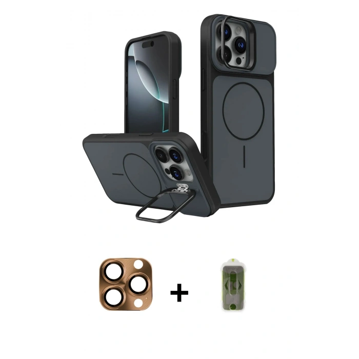 MARSİLYAN™- iPhone 16 Pro Max Kılıf İz Modern Prime - Siyah Joko Magic 5D Hayalet Cam + Pers Alüminyum Kamera Lens - CLTM