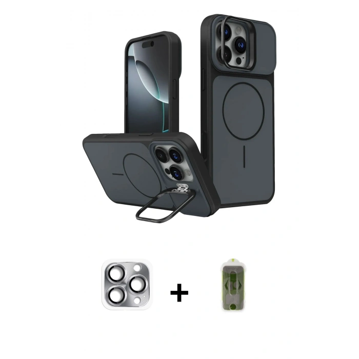 MARSİLYAN™- iPhone 16 Pro Max Kılıf İz Modern Prime - Siyah Joko Magic 5D Hayalet Cam + Pers Alüminyum Kamera Lens - GI