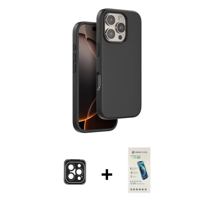 MARSİLYAN™- iPhone 16 Pro Max Kılıf Kıvılcım Çizgi Serisi - Şeffaf Pasifik Cam Ekran Koruyucu + Siyah PVD Metal Kamera Lens