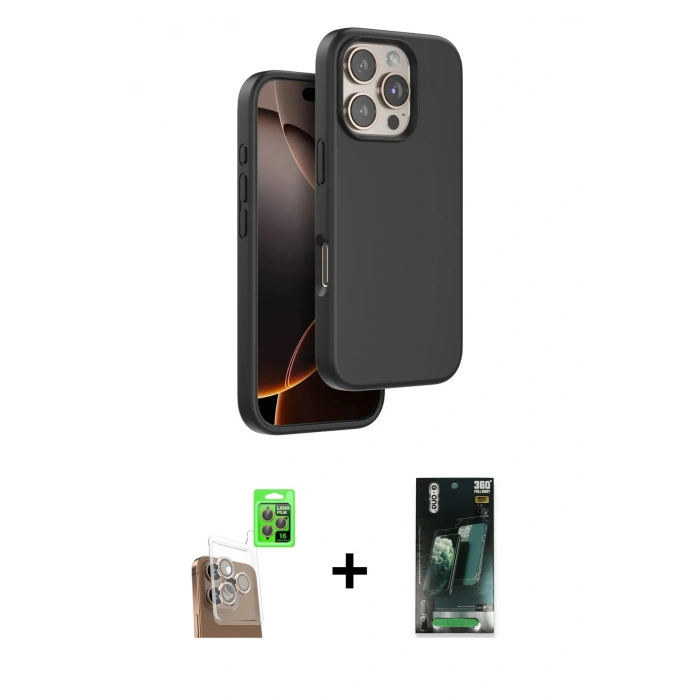 MARSİLYAN™- iPhone 16 Pro Max Kılıf Kıvılcım Çizgi Serisi - Siyah 360 Mat Full Body Arka Koruyucu + Raze Metal Kamera Lens - CLTM