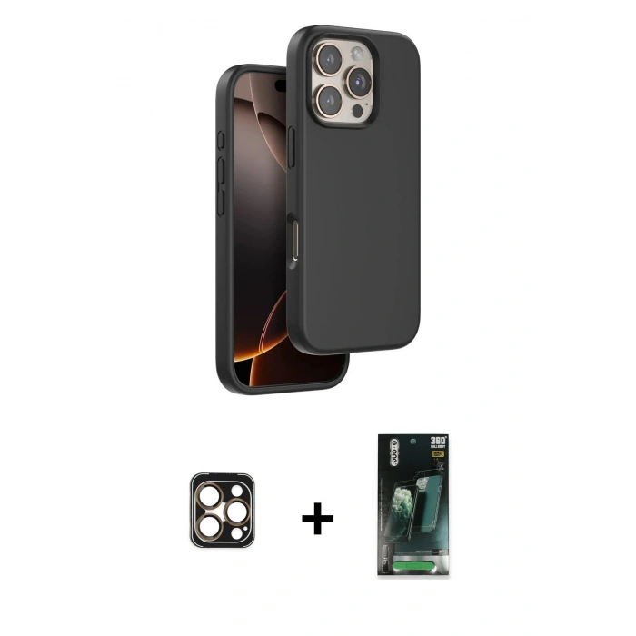 MARSİLYAN™- iPhone 16 Pro Max Kılıf Kıvılcım Çizgi Serisi - Siyah 360 Mat Full Body Arka Koruyucu + PVD Metal Kamera Lens - GD