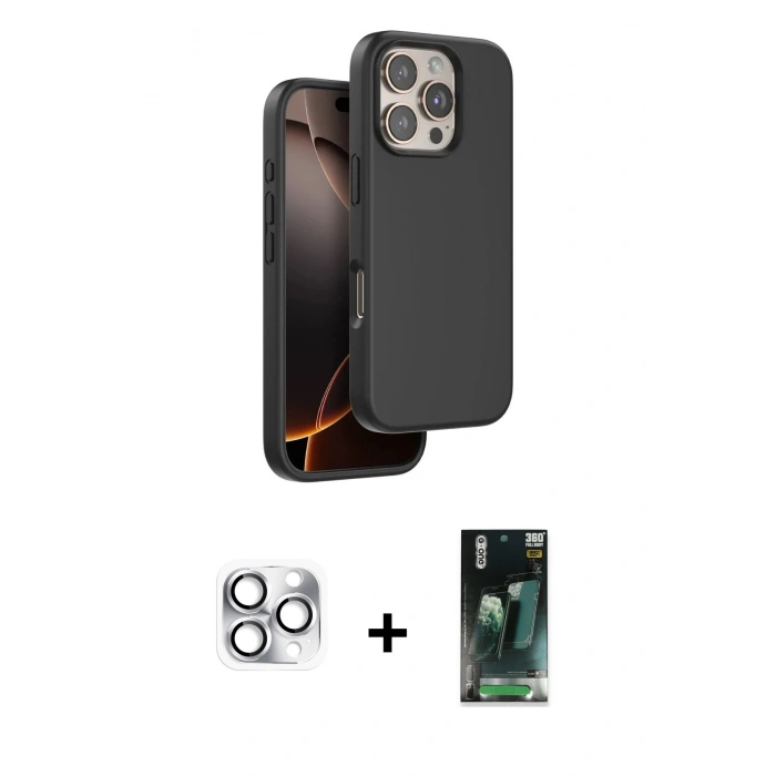 MARSİLYAN™- iPhone 16 Pro Max Kılıf Kıvılcım Çizgi Serisi - Siyah 360 Mat Full Body Arka Koruyucu + Pers Alüminyum Kamera Lens - GS