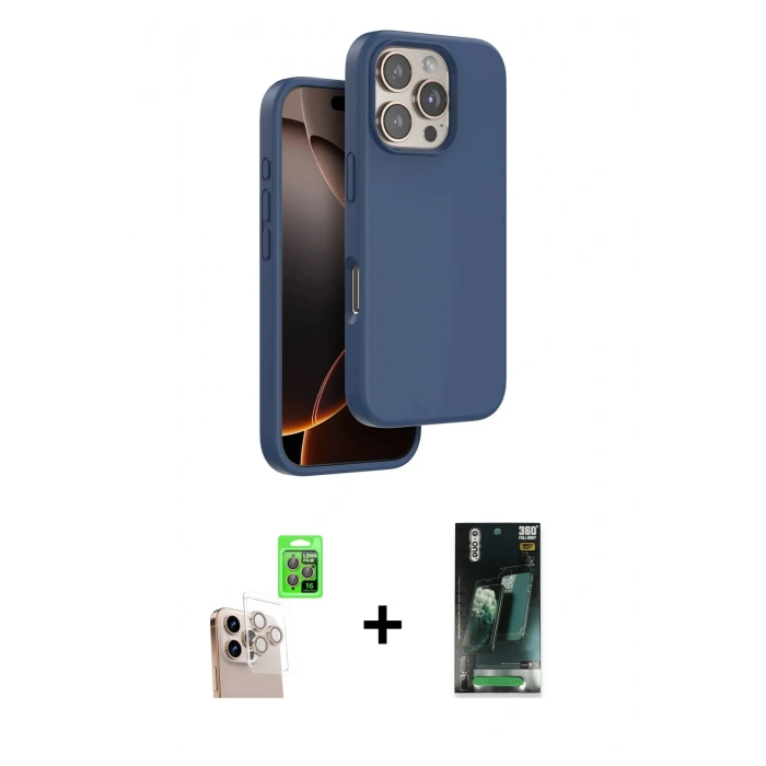 MARSİLYAN™- iPhone 16 Pro Max Kılıf Kıvılcım Çizgi Serisi - Siyah 360 Mat Full Body Arka Koruyucu + Raze Metal Kamera Lens - NLGY