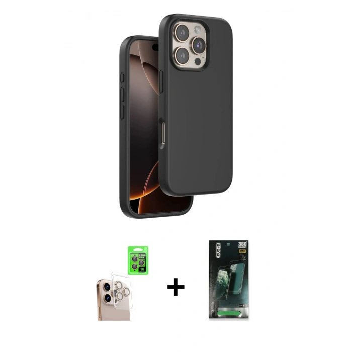 MARSİLYAN™- iPhone 16 Pro Max Kılıf Kıvılcım Çizgi Serisi - Siyah 360 Mat Full Body Arka Koruyucu + Raze Metal Kamera Lens - NLGY