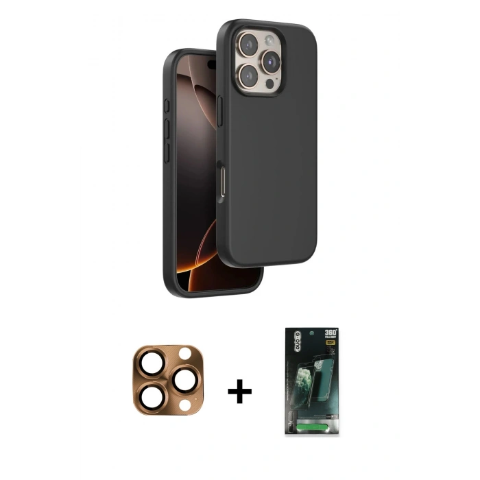 MARSİLYAN™- iPhone 16 Pro Max Kılıf Kıvılcım Çizgi Serisi - Siyah 360 Mat Full Body Arka Koruyucu + Pers Alüminyum Kamera Lens - CLTM