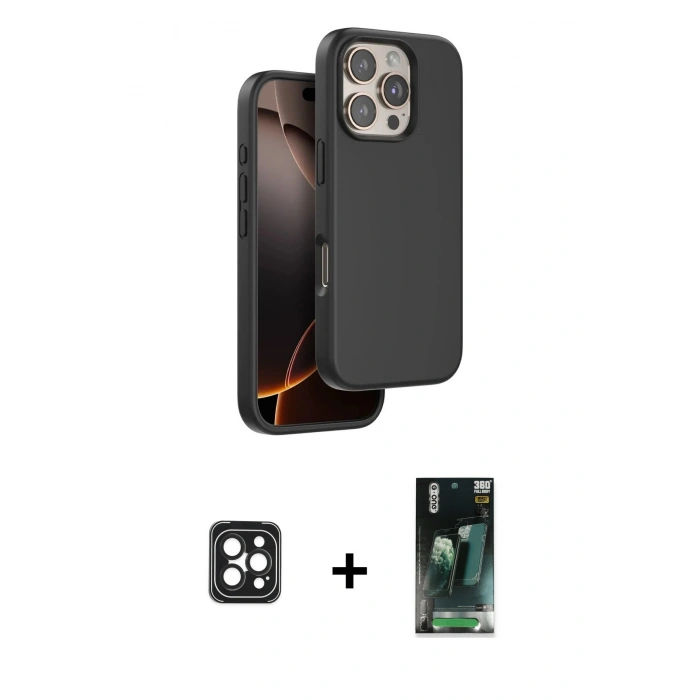 MARSİLYAN™- iPhone 16 Pro Max Kılıf Kıvılcım Çizgi Serisi - Siyah 360 Mat Full Body Arka Koruyucu + PVD Metal Kamera Lens - SH