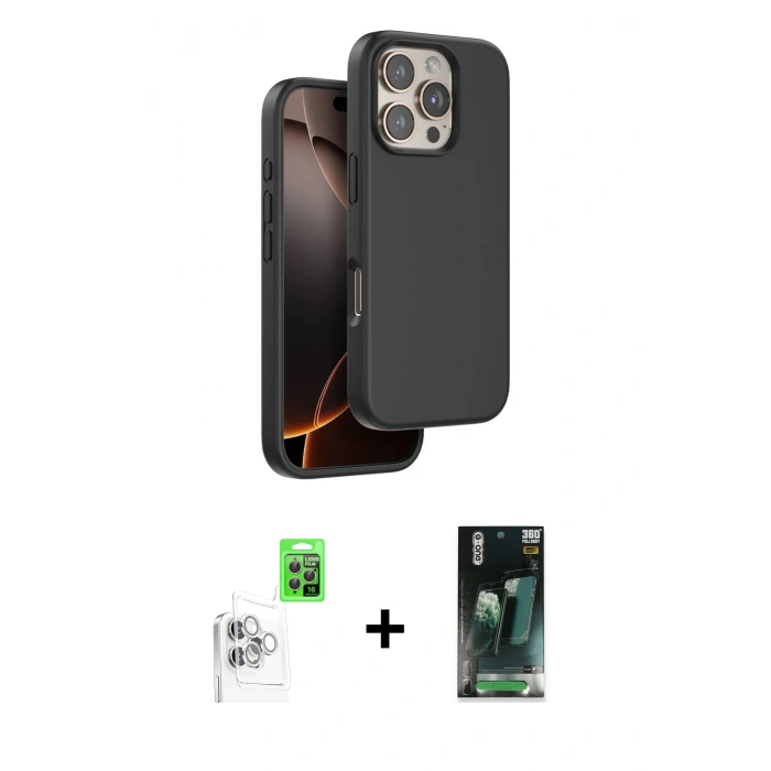 MARSİLYAN™- iPhone 16 Pro Max Kılıf Kıvılcım Çizgi Serisi - Siyah 360 Mat Full Body Arka Koruyucu + Raze Metal Kamera Lens - BZ