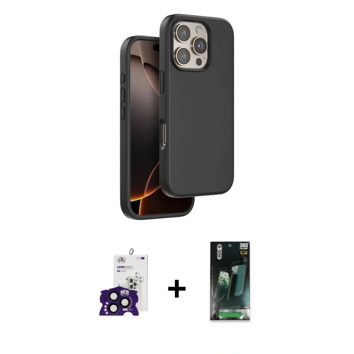 MARSİLYAN™- iPhone 16 Pro Max Kılıf Kıvılcım Çizgi Serisi - Siyah 360 Mat Full Body Arka Koruyucu + Bilvis Titan Kamera Lens - SH