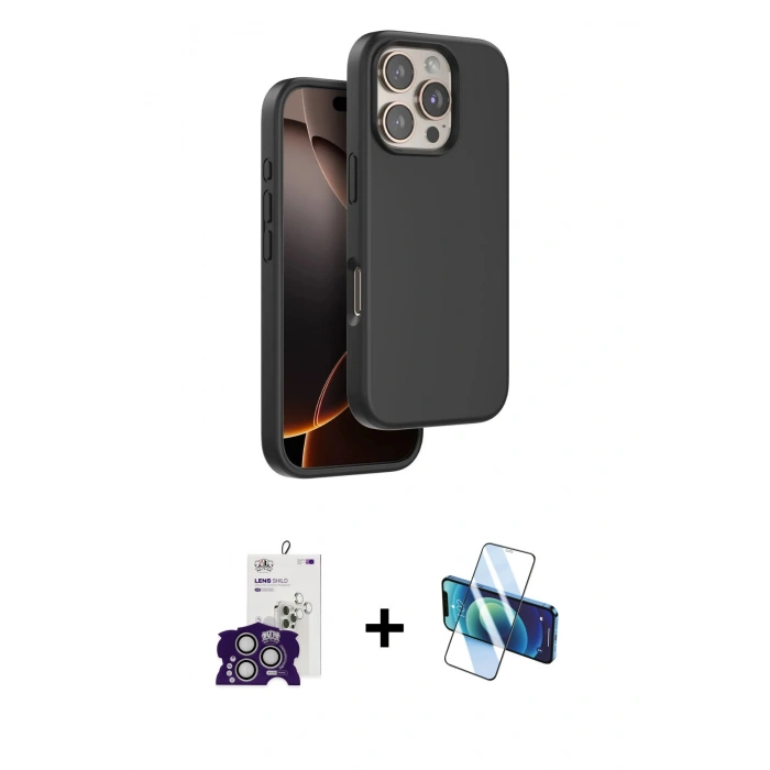 MARSİLYAN™- iPhone 16 Pro Max Kılıf Kıvılcım Çizgi Serisi - Siyah 3D Antistatik Cam Ekran Koruyucu + Bilvis Titan Kamera Lens - GS