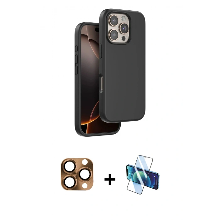 MARSİLYAN™- iPhone 16 Pro Max Kılıf Kıvılcım Çizgi Serisi - Siyah 3D Antistatik Cam Ekran Koruyucu + Pers Alüminyum Kamera Lens - CLTM