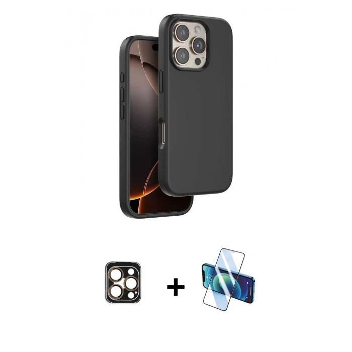 MARSİLYAN™- iPhone 16 Pro Max Kılıf Kıvılcım Çizgi Serisi - Siyah 3D Antistatik Cam Ekran Koruyucu + PVD Metal Kamera Lens - GD