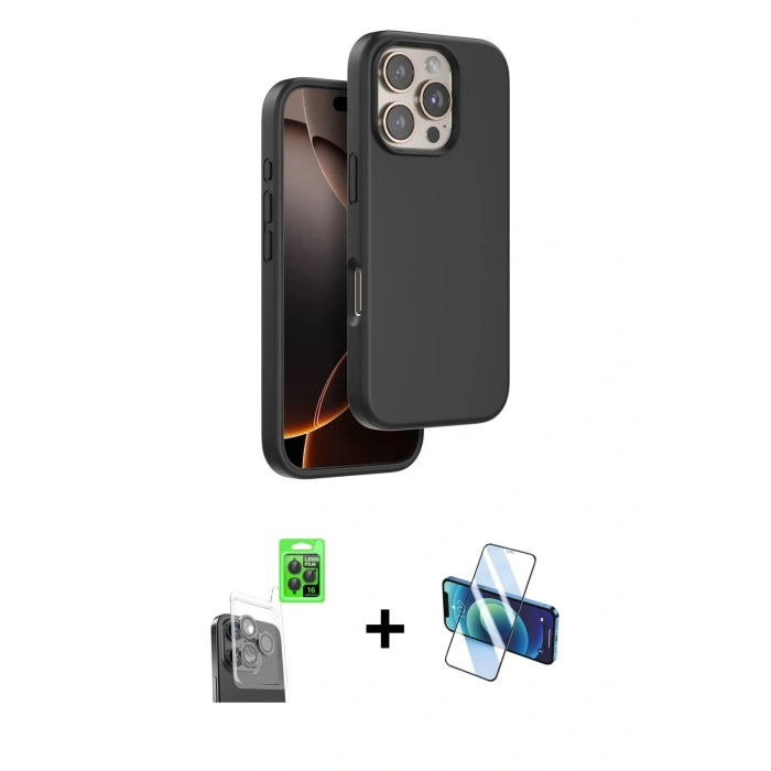 MARSİLYAN™- iPhone 16 Pro Max Kılıf Kıvılcım Çizgi Serisi - Siyah 3D Antistatik Cam Ekran Koruyucu + Raze Metal Kamera Lens - SH