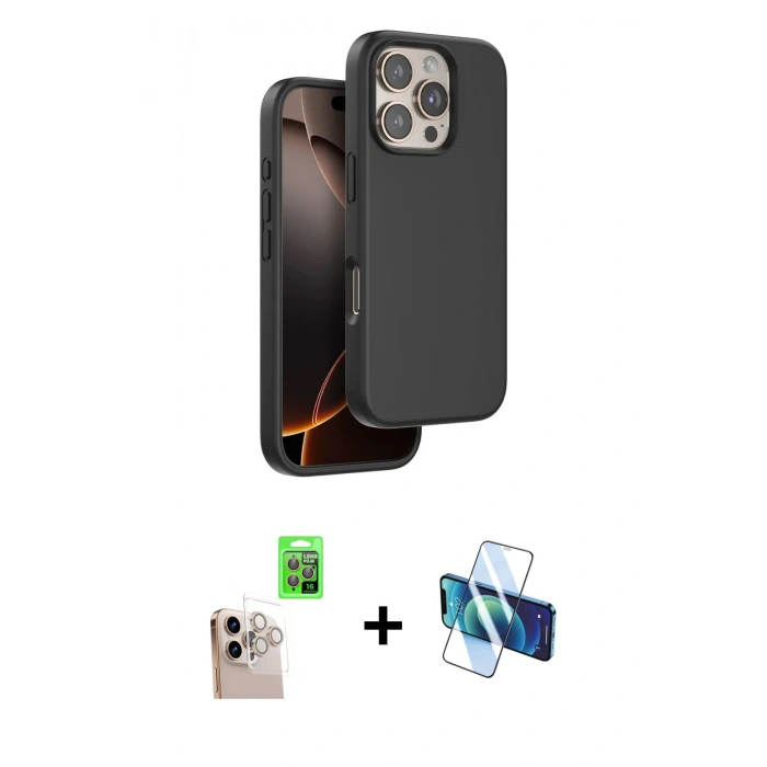 MARSİLYAN™- iPhone 16 Pro Max Kılıf Kıvılcım Çizgi Serisi - Siyah 3D Antistatik Cam Ekran Koruyucu + Raze Metal Kamera Lens - NLGY