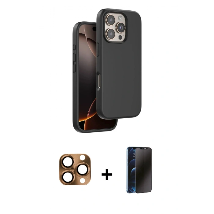 MARSİLYAN™- iPhone 16 Pro Max Kılıf Kıvılcım Çizgi Serisi - Siyah 3D Antistatik Hayalet Cam Ekran Koruyucu + Pers Alüminyum Kamera Lens - CLTM