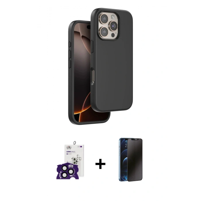 MARSİLYAN™- iPhone 16 Pro Max Kılıf Kıvılcım Çizgi Serisi - Siyah 3D Antistatik Hayalet Cam Ekran Koruyucu + Bilvis Titan Kamera Lens - SH