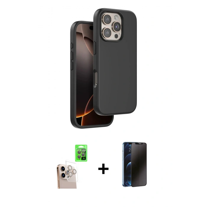 MARSİLYAN™- iPhone 16 Pro Max Kılıf Kıvılcım Çizgi Serisi - Siyah 3D Antistatik Hayalet Cam Ekran Koruyucu + Raze Metal Kamera Lens - NLGY