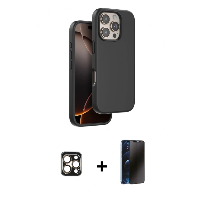 MARSİLYAN™- iPhone 16 Pro Max Kılıf Kıvılcım Çizgi Serisi - Siyah 3D Antistatik Hayalet Cam Ekran Koruyucu + PVD Metal Kamera Lens - GD