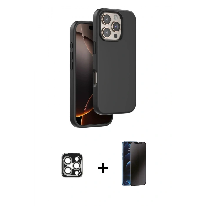 MARSİLYAN™- iPhone 16 Pro Max Kılıf Kıvılcım Çizgi Serisi - Siyah 3D Antistatik Hayalet Cam Ekran Koruyucu + PVD Metal Kamera Lens - GS