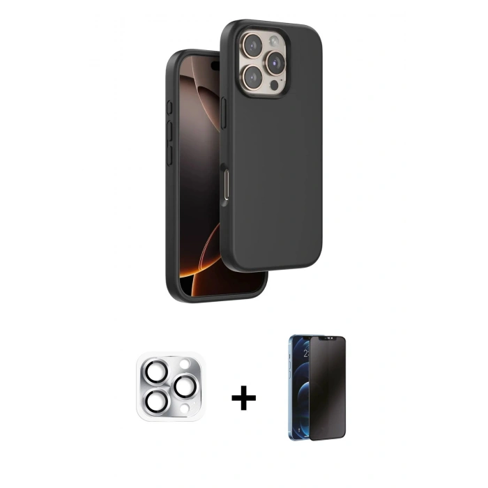 MARSİLYAN™- iPhone 16 Pro Max Kılıf Kıvılcım Çizgi Serisi - Siyah 3D Antistatik Hayalet Cam Ekran Koruyucu + Pers Alüminyum Kamera Lens - GS
