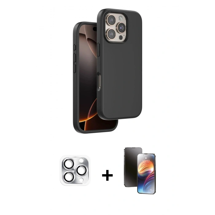 MARSİLYAN™- iPhone 16 Pro Max Kılıf Kıvılcım Çizgi Serisi - Siyah 3D Antistatik Mat Seramik Nano Ekran Koruyucu + Pers Alüminyum Kamera Lens - GS