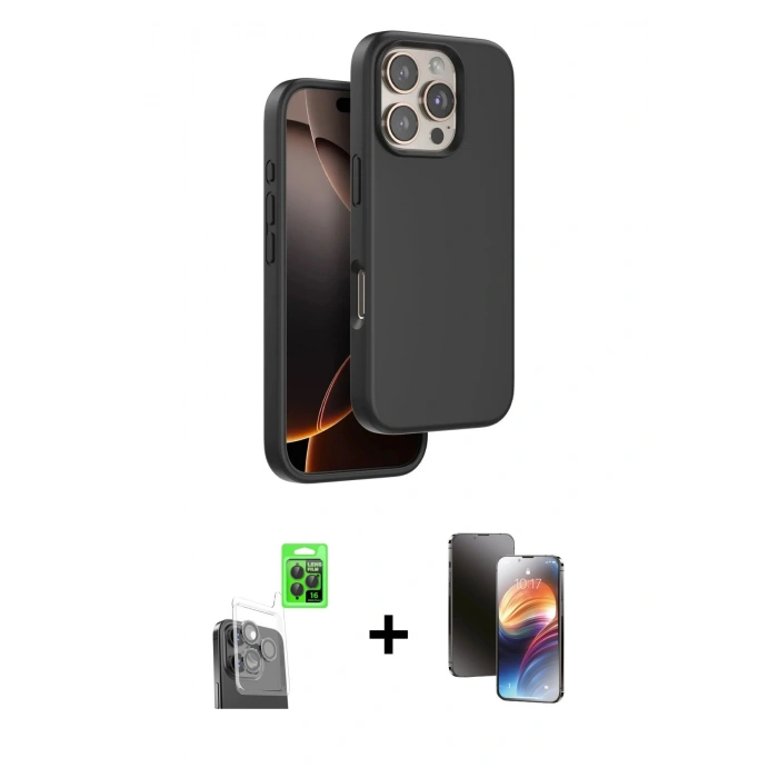 MARSİLYAN™- iPhone 16 Pro Max Kılıf Kıvılcım Çizgi Serisi - Siyah 3D Antistatik Mat Seramik Nano Ekran Koruyucu + Raze Metal Kamera Lens - SH