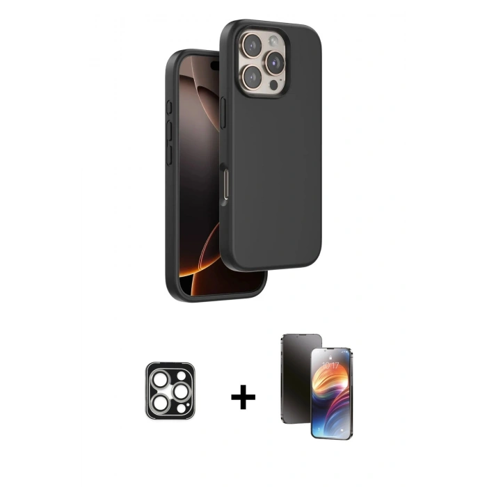 MARSİLYAN™- iPhone 16 Pro Max Kılıf Kıvılcım Çizgi Serisi - Siyah 3D Antistatik Mat Seramik Nano Ekran Koruyucu + PVD Metal Kamera Lens - GS