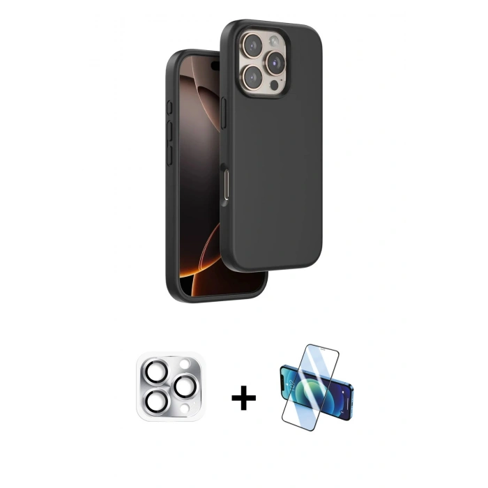 MARSİLYAN™- iPhone 16 Pro Max Kılıf Kıvılcım Çizgi Serisi - Siyah 3D Antistatik Seramik Nano Ekran Koruyucu + Gümüş Pers Alüminyum Kamera Lens